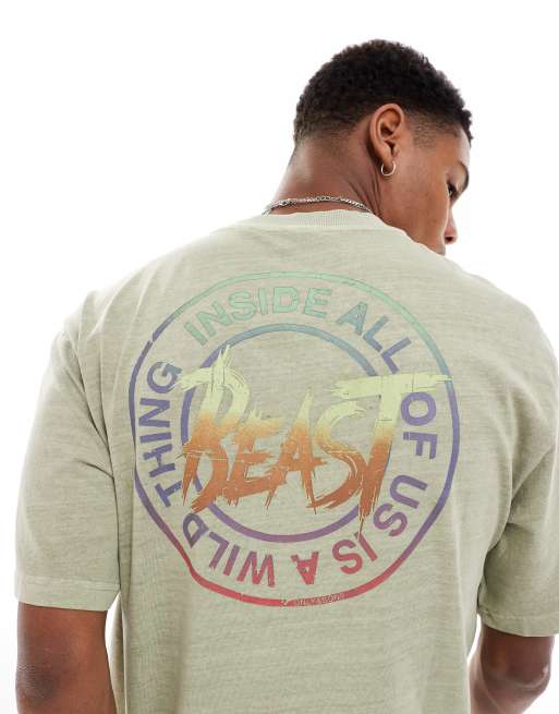 Only & Sons – T-shirt o luźnym kroju w spranym odcieniu khaki z napisem 