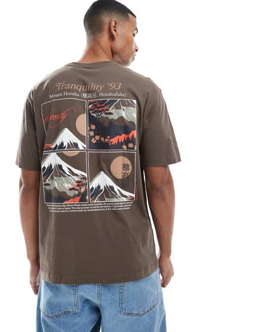 ONLY & SONS - T-shirt oversize marrone con stampa d montagna sul retro