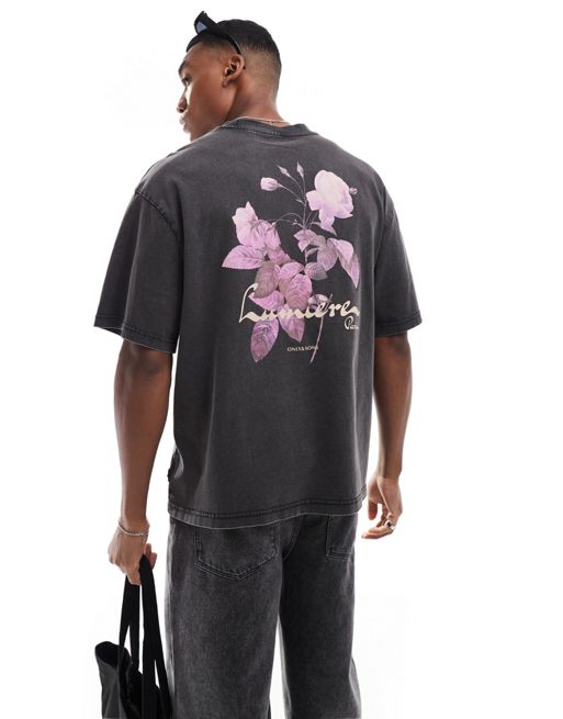 ONLY & SONS - T-shirt oversize nero slavato con stampa di fiori sul retro