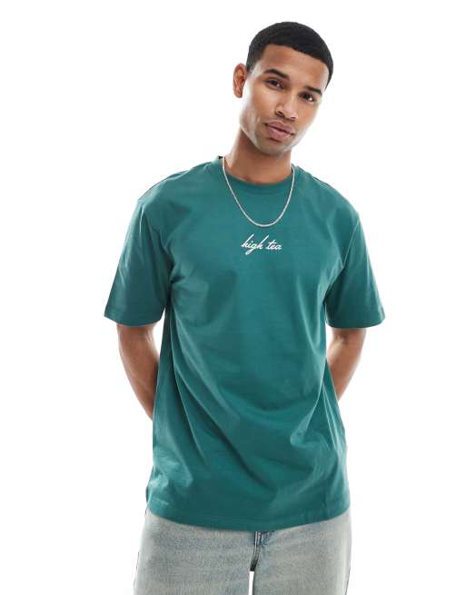 ONLY & SONS - T-shirt oversize verde scuro con stampa con tè sul retro, 2 di 4