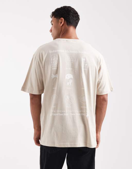ONLY & SONS - T-shirt taglio comodo beige con stampa bohémien sul retro