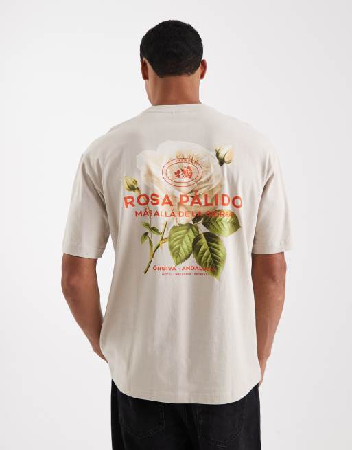 ONLY & SONS - T-shirt taglio comodo beige con stampa di rosa sul retro