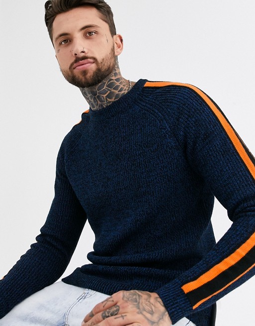 Only & Sons taped neon stripe sleeve knitted jumper in navy
