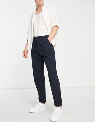 Only & Sons tapered cropped trousers in navy seersucker