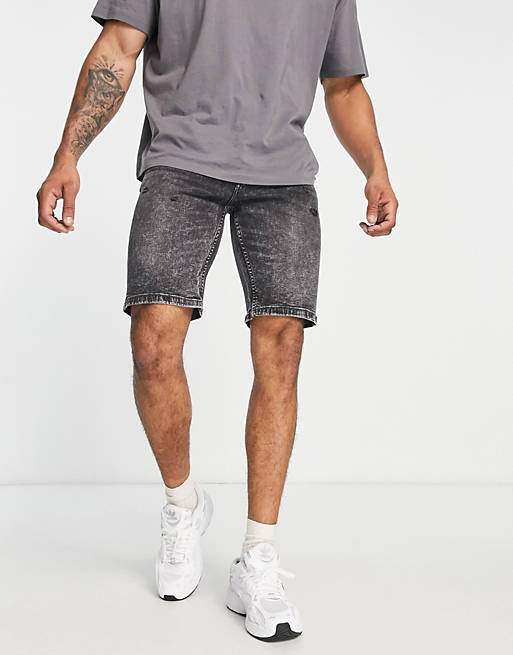 Only & Sons tapered denim shorts with rips in grey