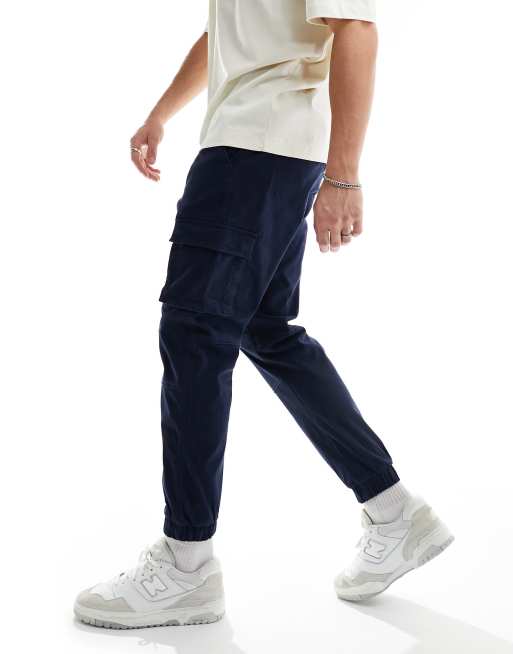 ONLY & SONS tapered fit cargo pants with cuffed bottoms in navy