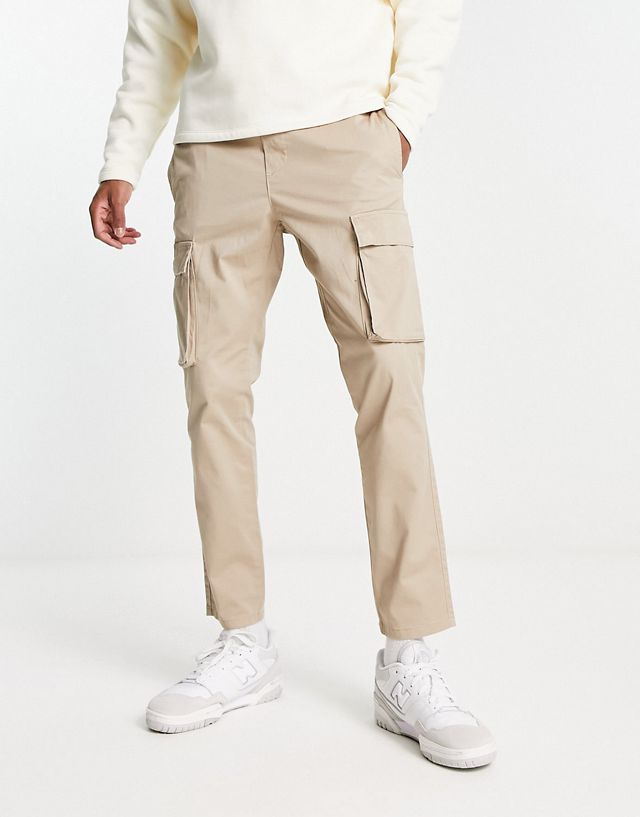Only & Sons tapered fit cargo pants with elasticized waist in beige