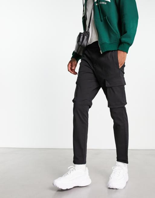 Only & Sons tapered fit cargo pants with elasticized waist in black