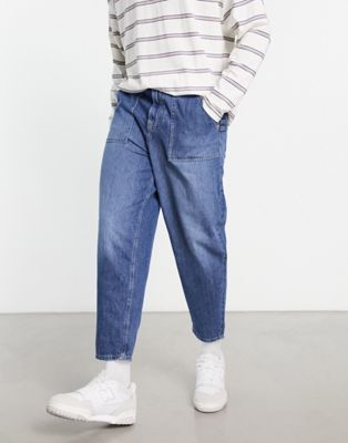 ONLY & SONS tapered fit carpenter jeans in mid wash