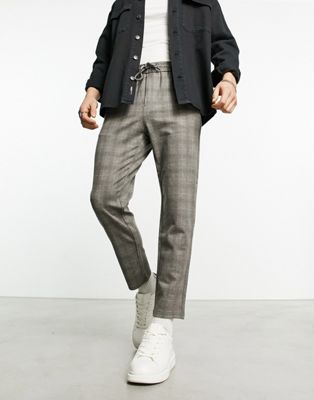 Only & Sons tapered fit check trousers with elasticated waist in grey