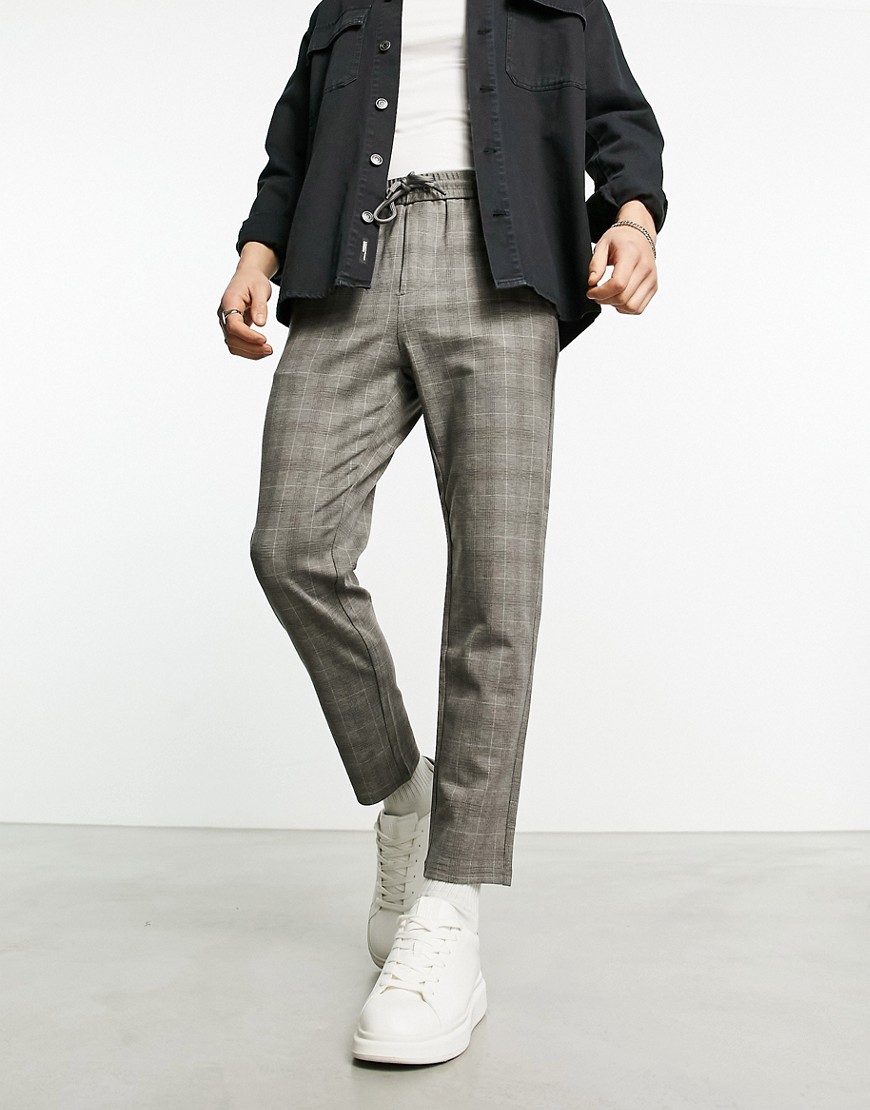 only & sons tapered fit check trousers with elasticated waist in grey-neutral