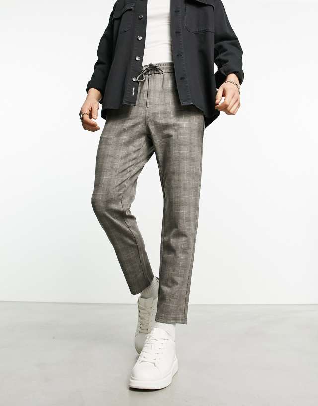 ONLY & SONS - tapered fit check trousers with elasticated waist in grey