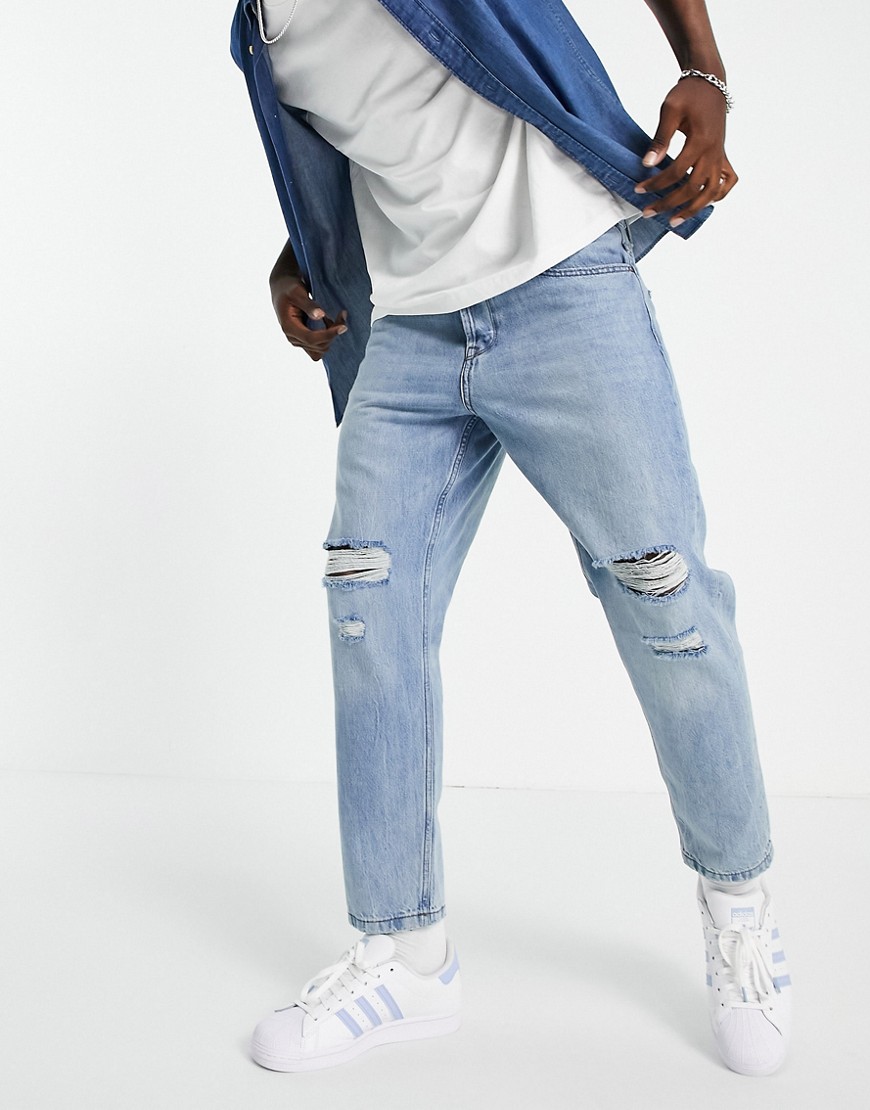 Only & Sons tapered fit jean with rips in light bluewash-Blues
