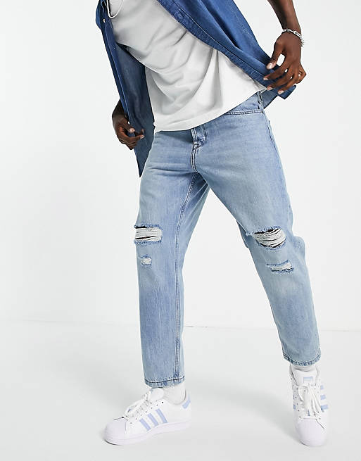 Only & Sons tapered fit jean with rips in light bluewash