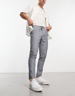 Only & Sons tapered fit linen mix trousers in blue stripe