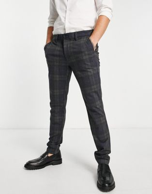 Only & Sons tapered fit smart check jersey trousers in navy