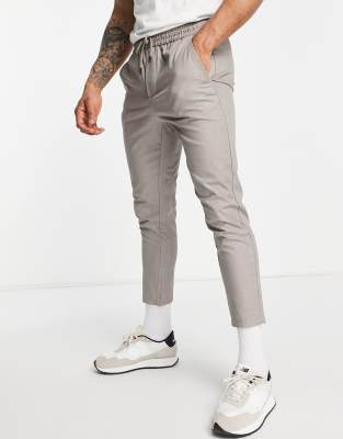 Only & Sons tapered fit smart pants with drawstring waist in beige 