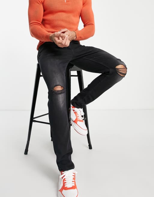Only & Sons - Tapered jeans med flænser på knæene i vasket sort