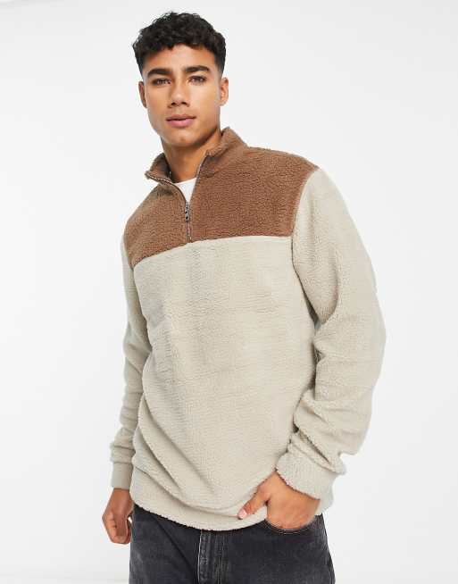 Only & Sons teddy borg quarter zip sweat in color block beige