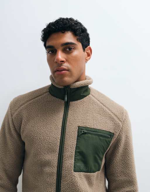 ONLY & SONS teddy fleece with contrast pocket in cream & khaki, 2 of 5