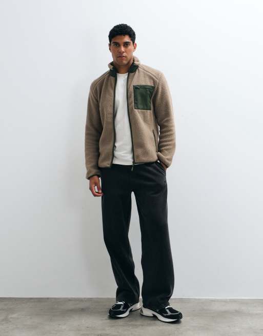 ONLY & SONS teddy fleece with contrast pocket in cream & khaki, 4 of 5