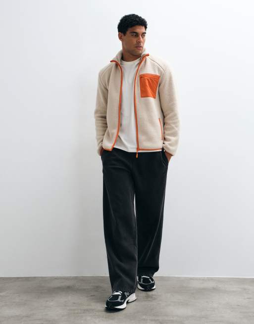 ONLY & SONS teddy fleece with contrast pocket in cream & orange, 2 of 5