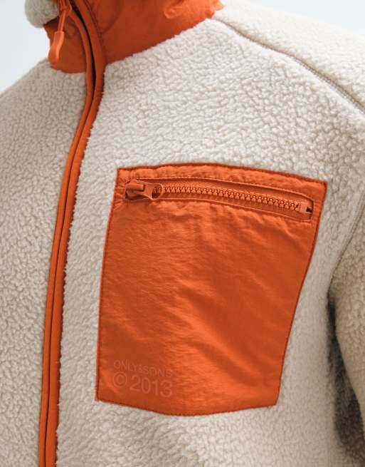 ONLY & SONS teddy fleece with contrast pocket in cream & orange, 4 of 5
