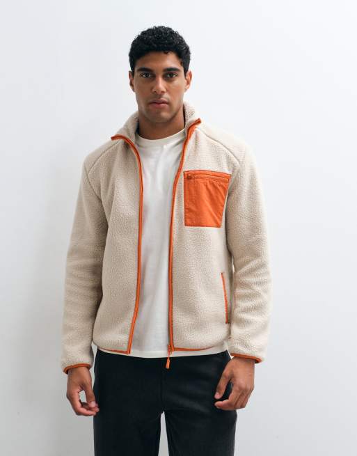ONLY & SONS teddy fleece with contrast pocket in cream & orange, 5 of 5