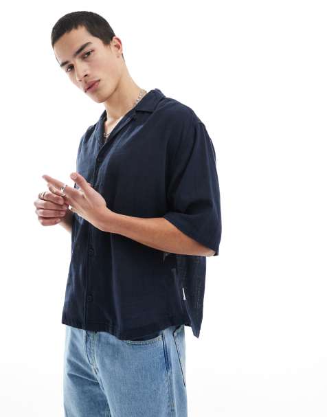 ONLY & SONS relaxed fit textured revere collar shirt in navy