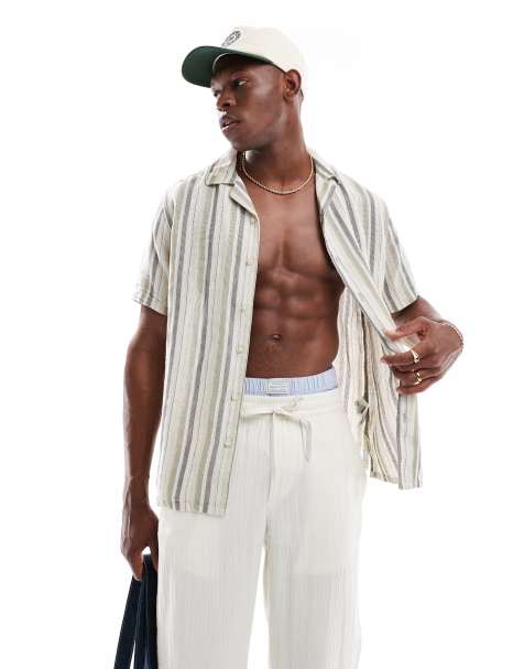 ONLY & SONS textured revere collar shirt in beige stripe