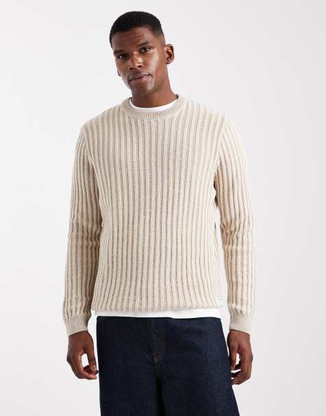 ONLY & SONS regular fit textured knitted jumper in stone with cream stripe
