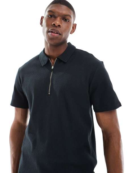 ONLY & SONS texture half zip polo in black - part of a set - view 1