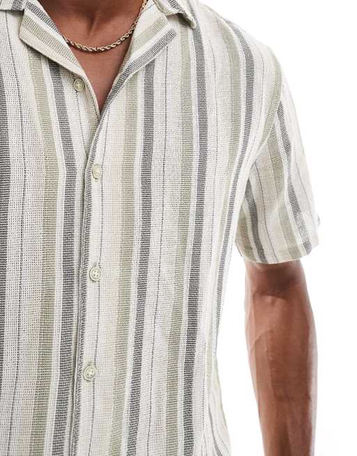 ONLY & SONS textured camp collar shirt in beige stripes, 3 of 4