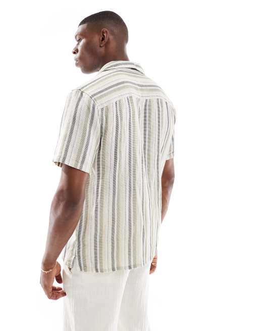 ONLY & SONS textured camp collar shirt in beige stripes, 4 of 4