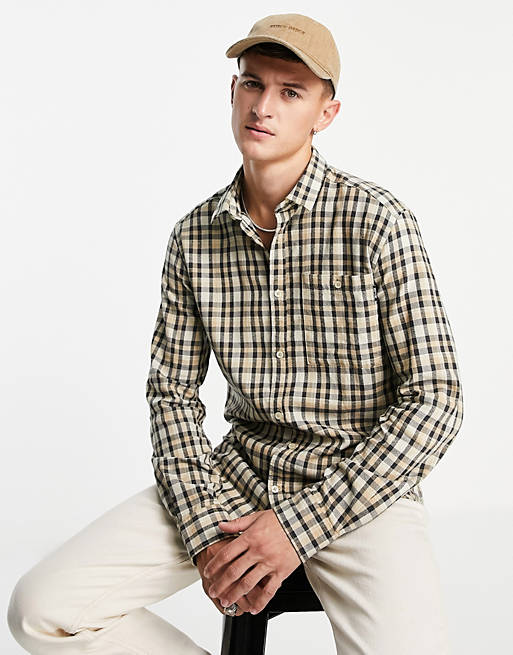 Only & Sons textured check shirt with button chest pocket in beige