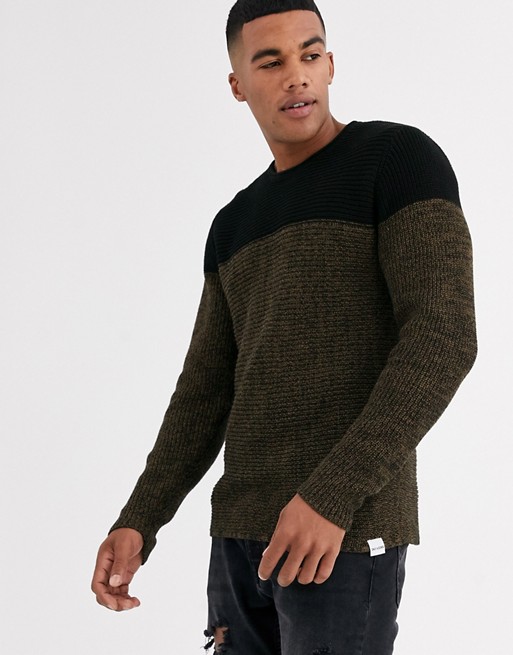 Only & Sons textured colour block jumper in black