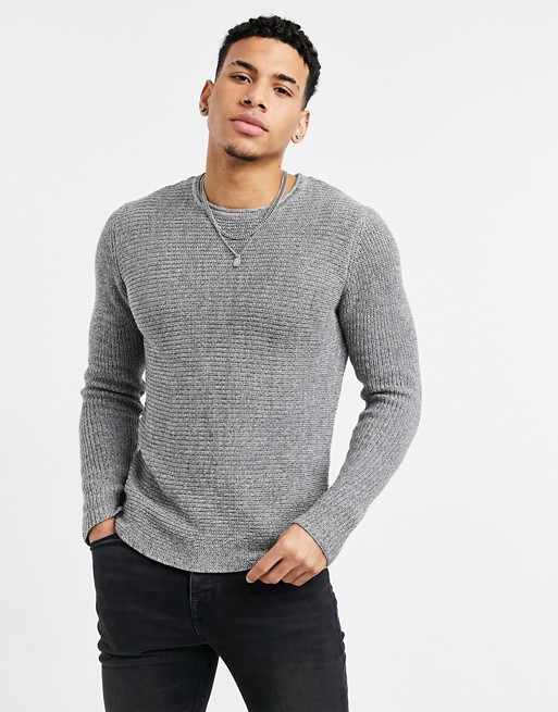 Only & Sons textured crew neck jumper in grey