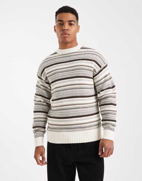 ONLY & SONS textured crew neck knit jumper in cream & brown - view 1