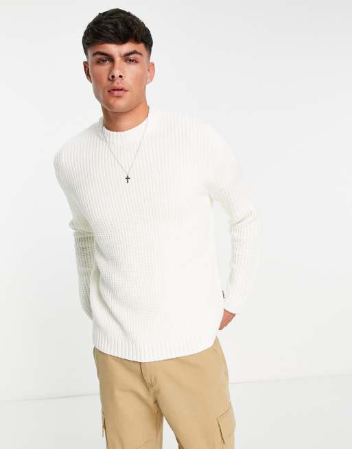 Only & Sons textured crew neck knitted jumper in white | ASOS