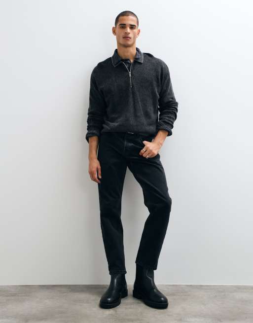 ONLY & SONS textured half zip knitted polo in washed black, 4 of 5
