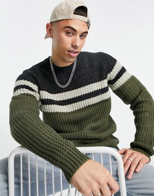 Only & Sons textured jumper with chest stripe in khaki and navy