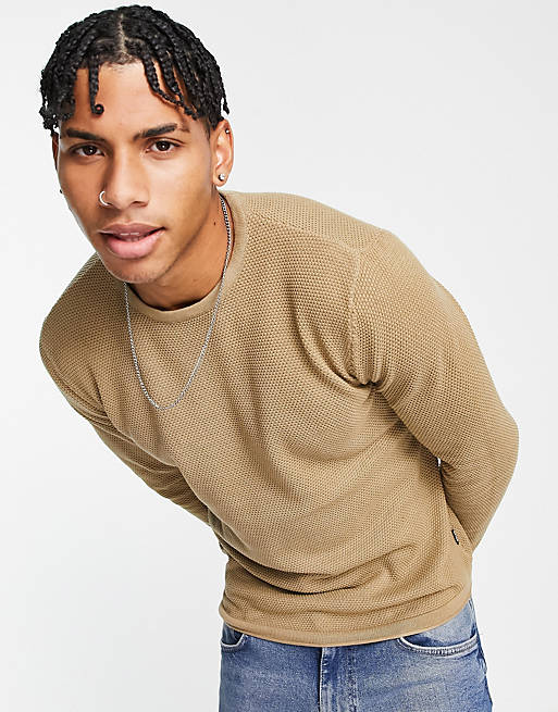 Only & Sons textured jumper with crew neck in beige