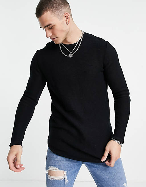 Only & Sons textured jumper with curved hem in black