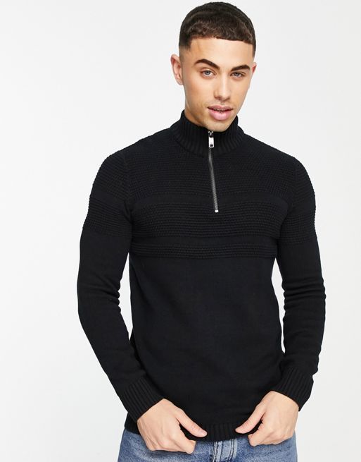 Only & Sons textured jumper with quarter zip in black | ASOS