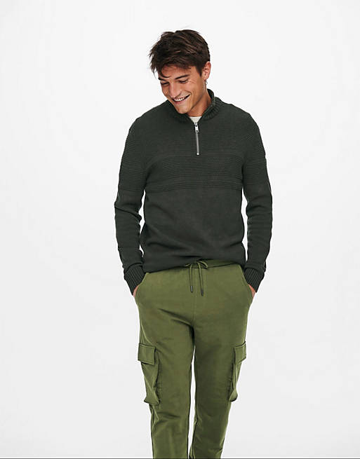 Only & Sons textured jumper with quarter zip in khaki