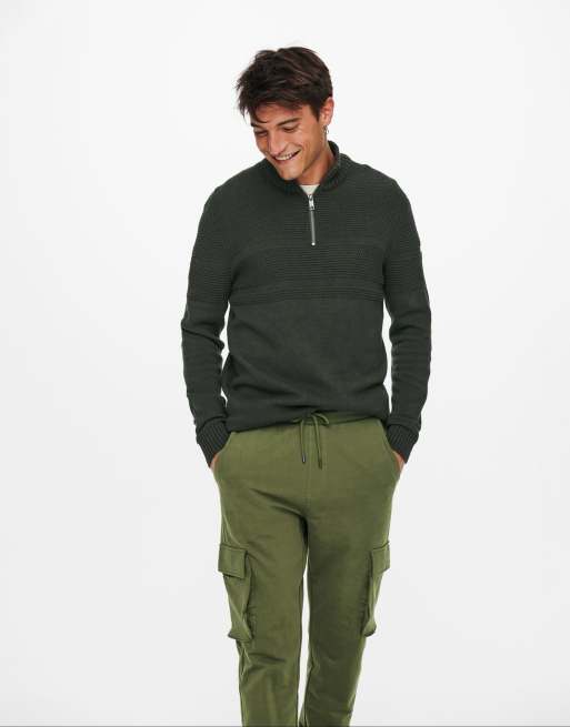 Only & Sons textured jumper with quarter zip in khaki | ASOS