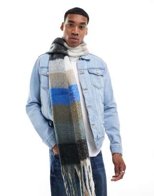 ONLY & SONS textured knitted scarf in beige & blue check-Neutral