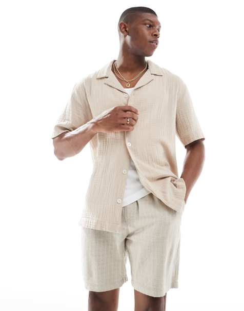 ONLY & SONS textured linen mix shorts in stone - view 1