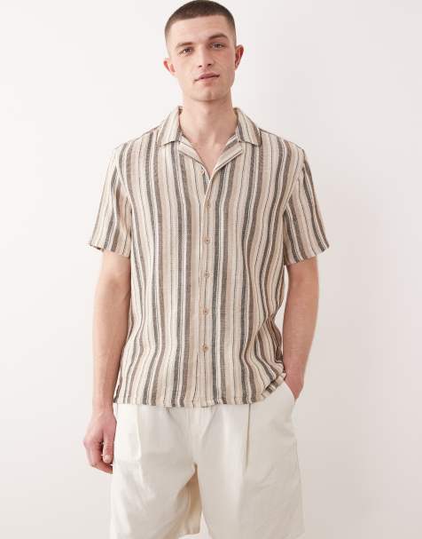 ONLY & SONS textured revere collar shirt in light brown stripes