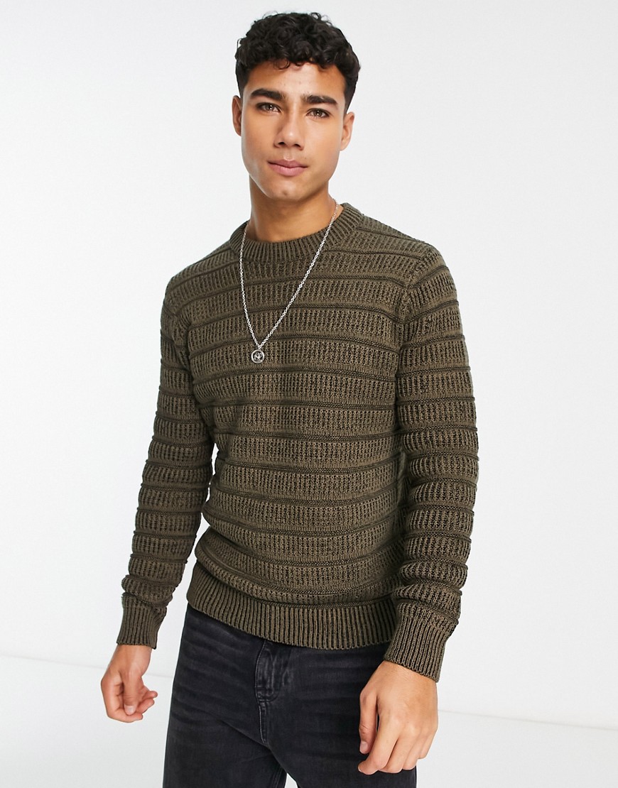 Only & Sons textured ribbed knitted sweater in khaki-Green
